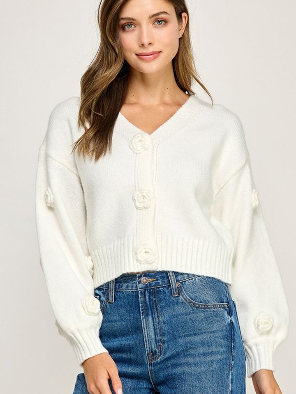 NWT Miss Love White Knit Flower 3D Applique Cardigan with Snap Buttons